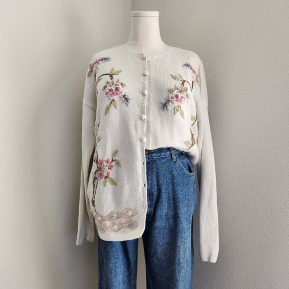 Bottega Verde Sweaters - Vintage Bottega Verde Floral Embroidered Knit Cardigan Natural Fiber L